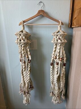 Cream Macramé plant hanger Pair with Wooden Beads